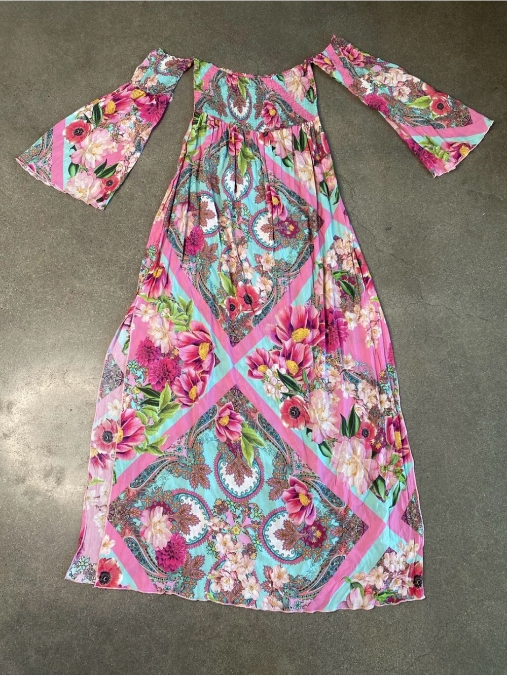 Floral Off-Shoulder Maxi Dress beach cover up in Pink & Aqua